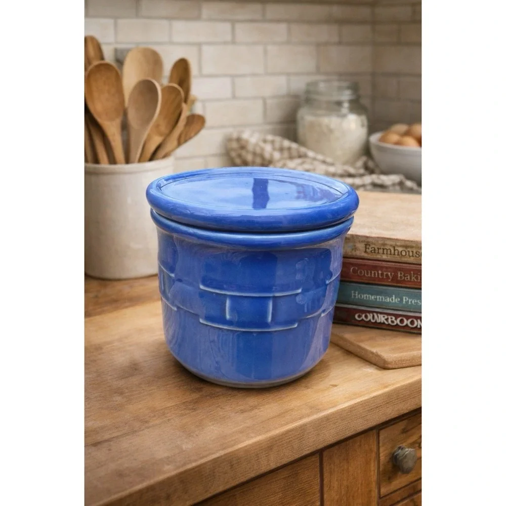 Vintage Longaberger Woven Traditions Cornflower Blue Salt Butter Crock USA